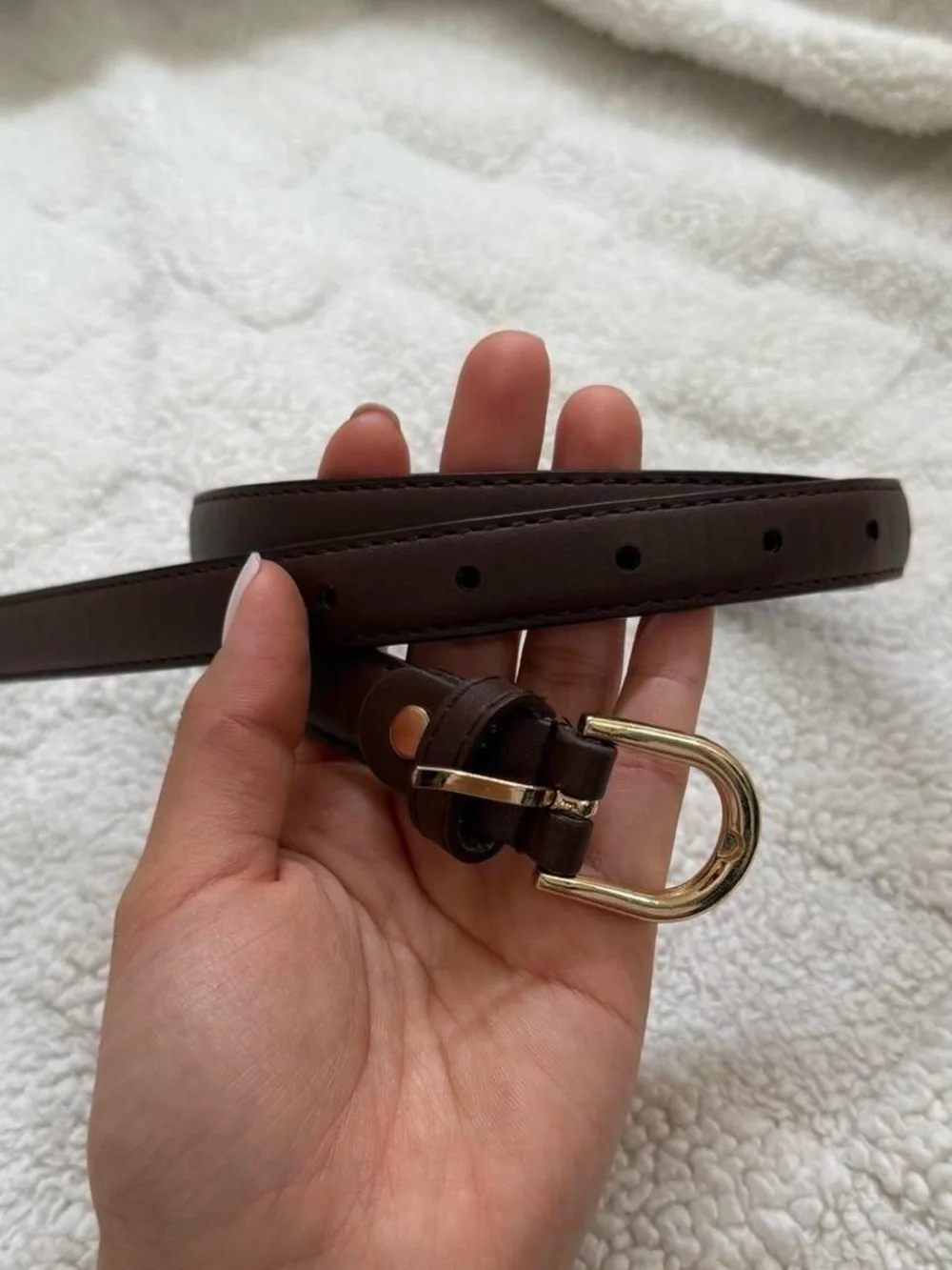 Vintage Inspired Slim Dark Brown Leather Belt with Gold Buckle